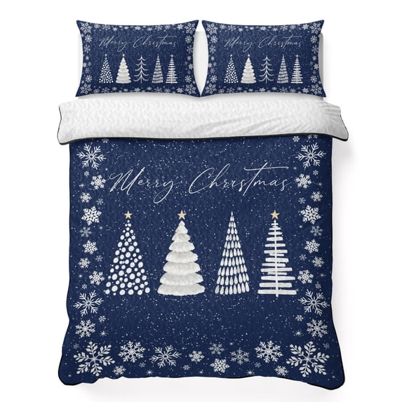 Quilts Twin Size Bedding Set, Merry Christmas Lightweight Quilted Comforter, Xmas Trees Snowflake Winter Rustic Navy Blue Reversible Bedspread Coverlet with Pillow Covers for All Season, 68" x 86"