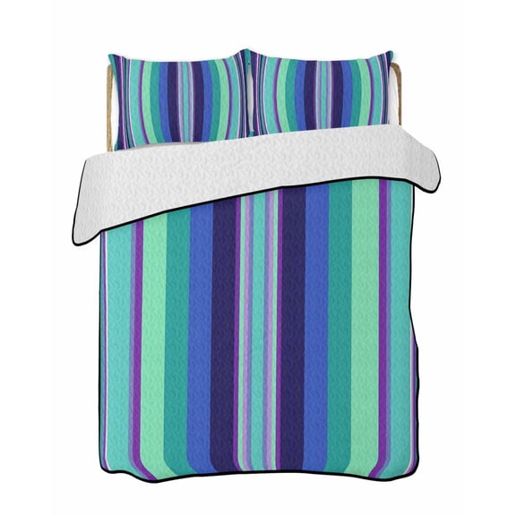 Quilts Twin Size Bedding Set, Mexican Style Lightweight Quilted Comforter, Colorful Mexico Stripes Teal Blue Soft Reversible Bedspread Coverlet with Pillow Covers for All Season, 68" x 86"