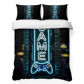 Quilts Twin Size Bedding Set, Modern Game Neon Lightweight Quilted Comforter, Game Zone Geometric Rustic Brick Soft Reversible Bedspread Coverlet with Pillow Covers for All Season, 68" x 86"