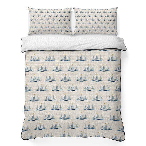 Quilts Twin Size Bedding Set, Nautical Sailboats Lightweight Quilted Comforter, Slate Blue Minimalist Beige Coastal Soft Reversible Bedspread Coverlet with Pillow Covers for All Season, 68" x 86"