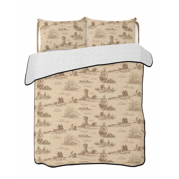 Quilts Twin Size Bedding Set, Nautical Ship Lightweight Quilted Comforter, Farmhouse Retro Ocean Coastal Lighthouse Map Soft Reversible Bedspread Coverlet with Pillow Covers for All Season, 68" x 86"