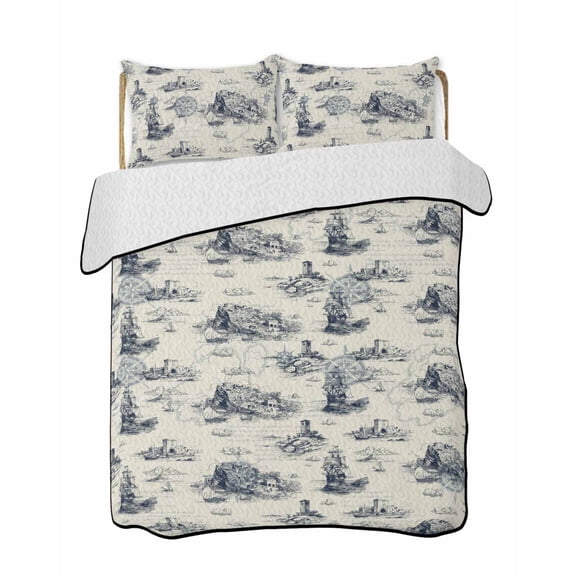 Quilts Twin Size Bedding Set, Nautical Ship Lightweight Quilted Comforter, Retro Coastal Ocean Lighthouse Mountain Map Soft Reversible Bedspread Coverlet with Pillow Covers for All Season, 68" x 86"