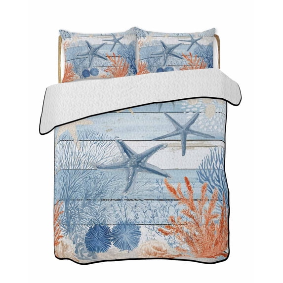 Quilts Twin Size Bedding Set, Navy Blue Coastal Lightweight Quilted Comforter, Starfish Coral Summer Nautical Wooden Soft Reversible Bedspread Coverlet with Pillow Covers for All Season, 68" x 86"