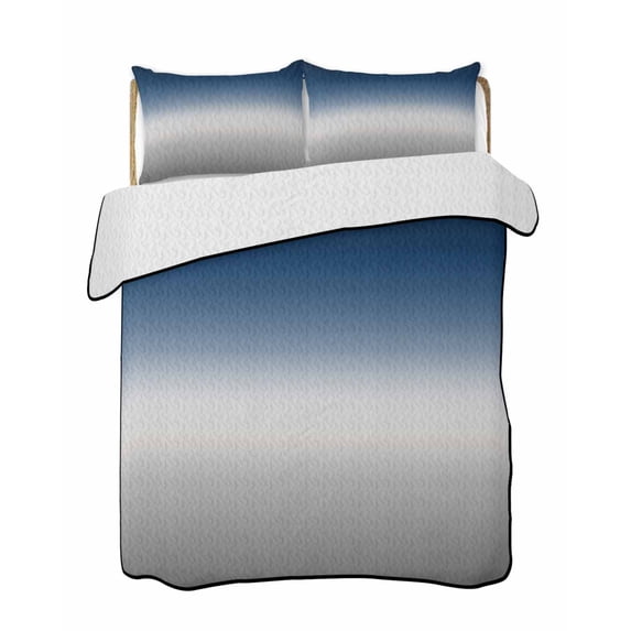 Quilts Twin Size Bedding Set, Navy Blue Gray Ombre Lightweight Quilted Comforter, Modern Gradient Abstract Art Soft Reversible Bedspread Coverlet with Pillow Covers for All Season, 68" x 86"