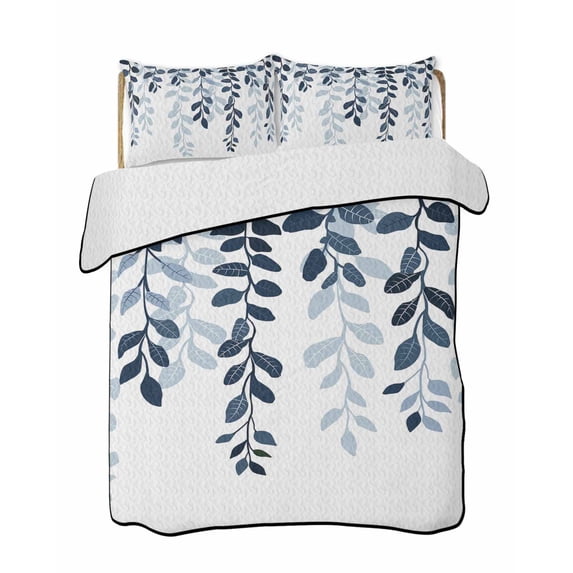 Quilts Twin Size Bedding Set, Navy Blue Ombre Botanical Lightweight Quilted Comforter, Watercolor Pastoral Leaf Soft Reversible Bedspread Coverlet with Pillow Covers for All Season, 68" x 86"