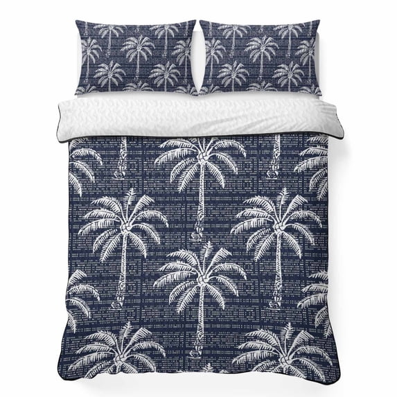 Quilts Twin Size Bedding Set, Navy Blue Palm Tree Lightweight Quilted Comforter, Summer Botanical Tropical Tree Soft Reversible Bedspread Coverlet with Pillow Covers for All Season, 68" x 86"