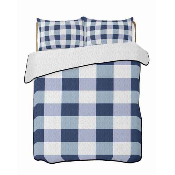 Quilts Twin Size Bedding Set, Navy Blue Plaid Lightweight Quilted Comforter, Spring Farmhouse Buffalo Checkered Soft Reversible Bedspread Coverlet with Pillow Covers for All Season, 68" x 86"