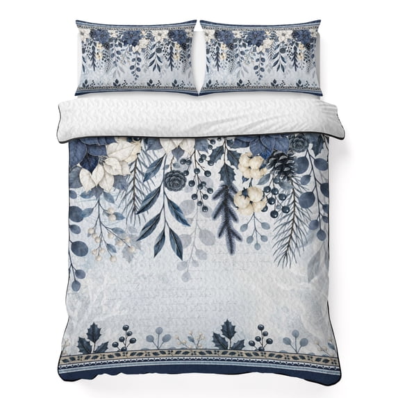Quilts Twin Size Bedding Set, Navy Blue Poinsettia Christmas Lightweight Quilted Comforter, Xmas Winter Flowers Leaves Soft Reversible Bedspread Coverlet with Pillow Covers for All Season, 68" x 86"