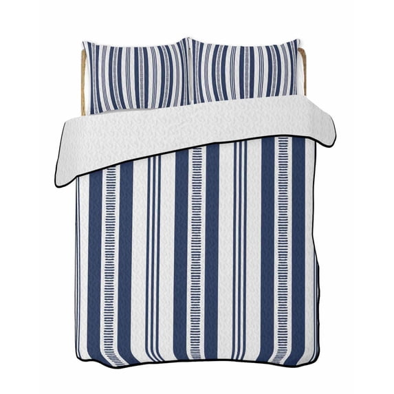 Quilts Twin Size Bedding Set, Navy Blue Striped Lightweight Quilted Comforter, Modern Farmhouse Geometric Thine Stripes Soft Reversible Bedspread Coverlet with Pillow Covers for All Season, 68" x 86"