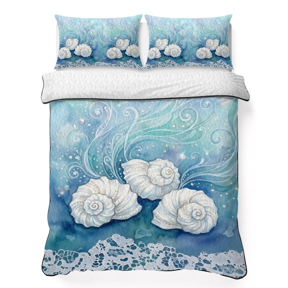 Quilts Twin Size Bedding Set, Ocean Conch Lightweight Quilted Comforter, Dreamy Blue Sea Waves Coastal Abstract Soft Reversible Bedspread Coverlet with Pillow Covers for All Season, 68" x 86"