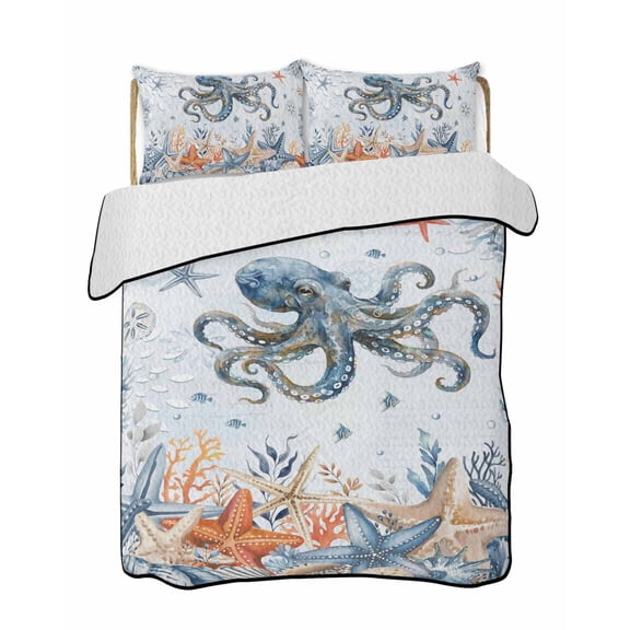 Quilts Twin Size Bedding Set, Octopus Coastal Lightweight Quilted Comforter, Summer Beach Coral Starfish Blue Ombre Soft Reversible Bedspread Coverlet with Pillow Covers for All Season, 68" x 86"