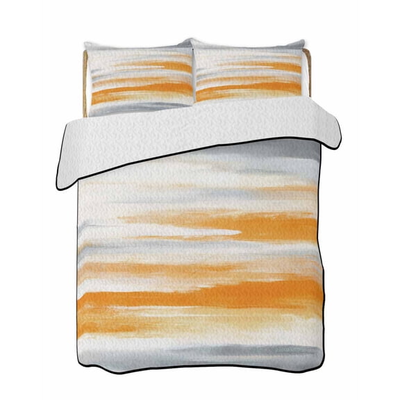 Quilts Twin Size Bedding Set, Orange Gray White Lightweight Quilted Comforter, Farmhouse Abstract Ombre Texture Soft Reversible Bedspread Coverlet with Pillow Covers for All Season, 68" x 86"