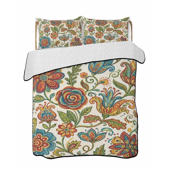 Quilts Twin Size Bedding Set, Paisley Boho Floral Lightweight Quilted Comforter, Vintage Flowers Botanical Soft Reversible Bedspread Coverlet with Pillow Covers for All Season, 68" x 86"