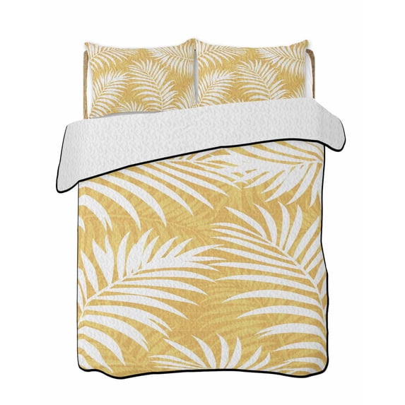 Quilts Twin Size Bedding Set, Palm Leaves Yellow Lightweight Quilted Comforter, Summer Botanical Coastal Tropical Soft Reversible Bedspread Coverlet with Pillow Covers for All Season, 68" x 86"