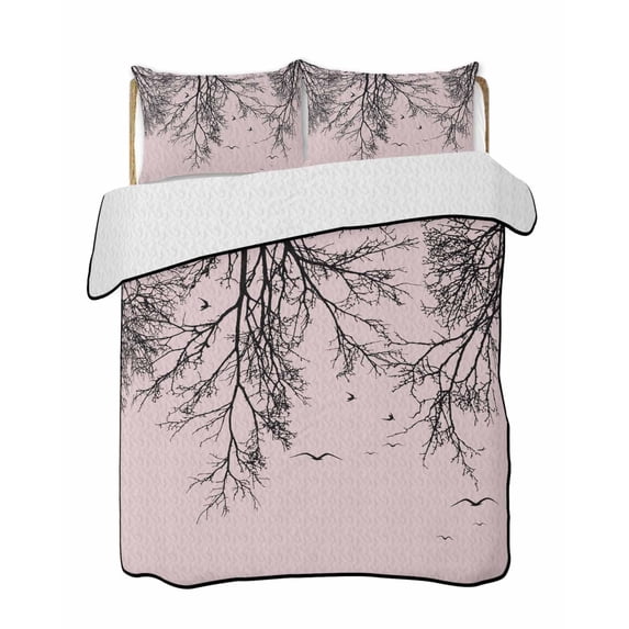 Quilts Twin Size Bedding Set, Pink Black Branches Lightweight Quilted Comforter, Botanical Dead Tree Birds Soft Reversible Bedspread Coverlet with Pillow Covers for All Season, 68" x 86"