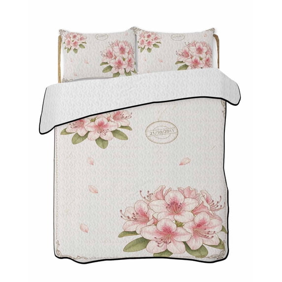 Quilts Twin Size Bedding Set, Pink Floral Blossom Lightweight Quilted Comforter, Farmhouse Spring Wildflowers Soft Reversible Bedspread Coverlet with Pillow Covers for All Season, 68" x 86"