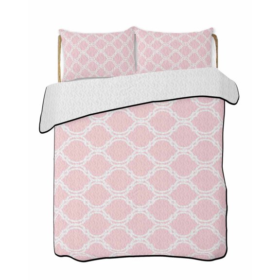 Quilts Twin Size Bedding Set, Pink Morocco Lightweight Quilted Comforter, Geometric Moroccan National Abstract Art Soft Reversible Bedspread Coverlet with Pillow Covers for All Season, 68" x 86"