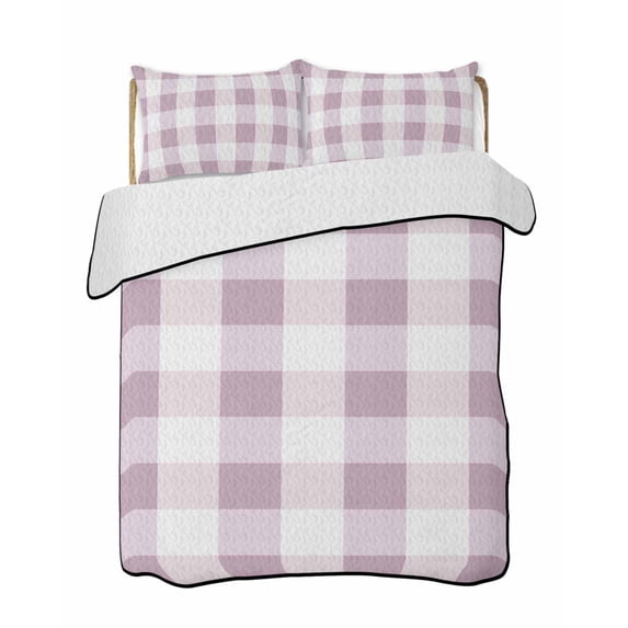 Quilts Twin Size Bedding Set, Pink Plaid Lightweight Quilted Comforter, Spring Summer Farmhouse Buffalo Checkered Soft Reversible Bedspread Coverlet with Pillow Covers for All Season, 68" x 86"