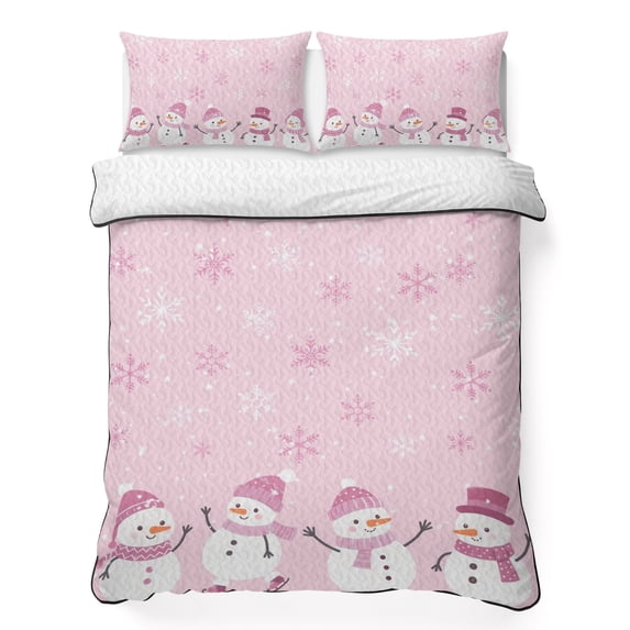 Quilts Twin Size Bedding Set, Pink Snowman Christmas Lightweight Quilted Comforter, Xmas Snowflake Winter Snowman Soft Reversible Bedspread Coverlet with Pillow Covers for All Season, 68" x 86"