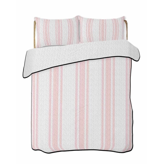 Quilts Twin Size Bedding Set, Pink Striped Lightweight Quilted Comforter, Farmhouse Aesthetic Modern Stripes Soft Reversible Bedspread Coverlet with Pillow Covers for All Season, 68" x 86"