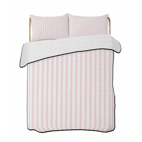 Quilts Twin Size Bedding Set, Pink Vertical Striped Lightweight Quilted Comforter, Farmhouse Thin Line Stripes Soft Reversible Bedspread Coverlet with Pillow Covers for All Season, 68" x 86"