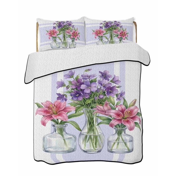 Quilts Twin Size Bedding Set, Purple Red Spring Floral Lightweight Quilted Comforter, Summer Botanical Watercolor Soft Reversible Bedspread Coverlet with Pillow Covers for All Season, 68" x 86"