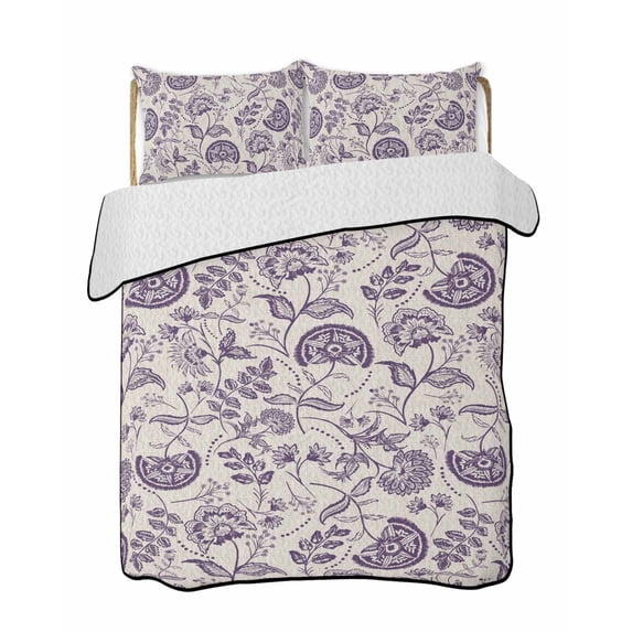 Quilts Twin Size Bedding Set, Purple Spring Floral Lightweight Quilted Comforter, Summer Botanical Farmhouse Soft Reversible Bedspread Coverlet with Pillow Covers for All Season, 68" x 86"