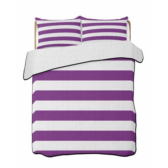 Quilts Twin Size Bedding Set, Purple Stripes Lightweight Quilted Comforter, Simple Purple White Texture Soft Reversible Bedspread Coverlet with Pillow Covers for All Season, 68" x 86"