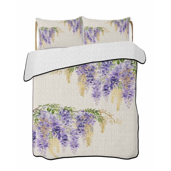 Quilts Twin Size Bedding Set, Purple Weeping Floral Lightweight Quilted Comforter, Spring Summer Pastoral Flowers Rustic Reversible Bedspread Coverlet with Pillow Covers for All Season, 68" x 86"