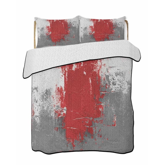 Quilts Twin Size Bedding Set, Red Cement Gray Lightweight Quilted Comforter, Modern Abstract Art Red Soft Reversible Bedspread Coverlet with Pillow Covers for All Season, 68" x 86"