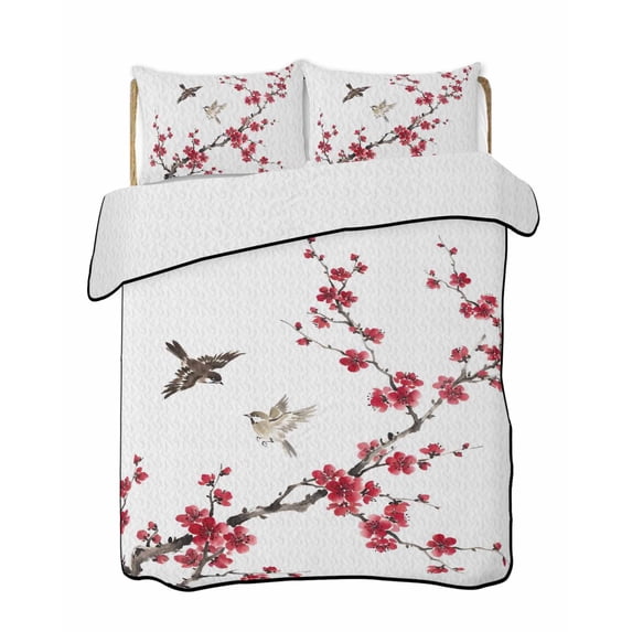 Quilts Twin Size Bedding Set, Red Cherry Branches Lightweight Quilted Comforter, Spring Floral Botanical Birds Country Soft Reversible Bedspread Coverlet with Pillow Covers for All Season, 68" x 86"