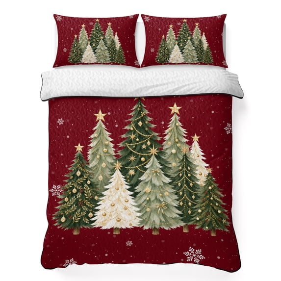 Quilts Twin Size Bedding Set, Red Christmas Lightweight Quilted Comforter, Green Xmas Trees Snowflake Balls Winter Soft Reversible Bedspread Coverlet with Pillow Covers for All Season, 68" x 86"