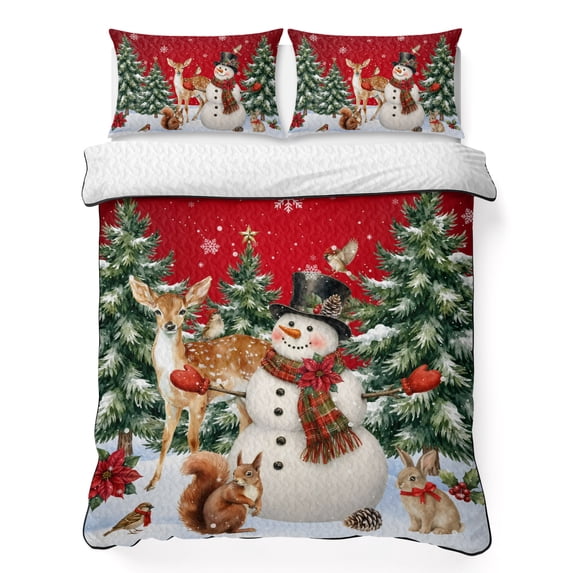 Quilts Twin Size Bedding Set, Red Christmas Lightweight Quilted Comforter, Snowman Elk Xmas Tree Snowflake Soft Reversible Bedspread Coverlet with Pillow Covers for All Season, 68" x 86"