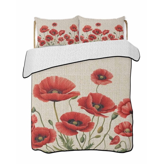 Quilts Twin Size Bedding Set, Red Poppy Lightweight Quilted Comforter, Spring Summer Farmhouse Flowers Rustic Burlap Soft Reversible Bedspread Coverlet with Pillow Covers for All Season, 68" x 86"