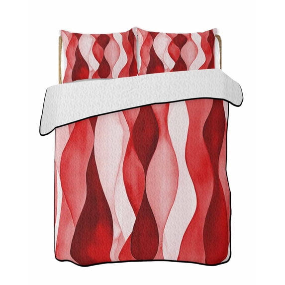 Quilts Twin Size Bedding Set, Red Striped Lightweight Quilted Comforter, Modern Gradient Geometric Ripple Stripes Soft Reversible Bedspread Coverlet with Pillow Covers for All Season, 68" x 86"