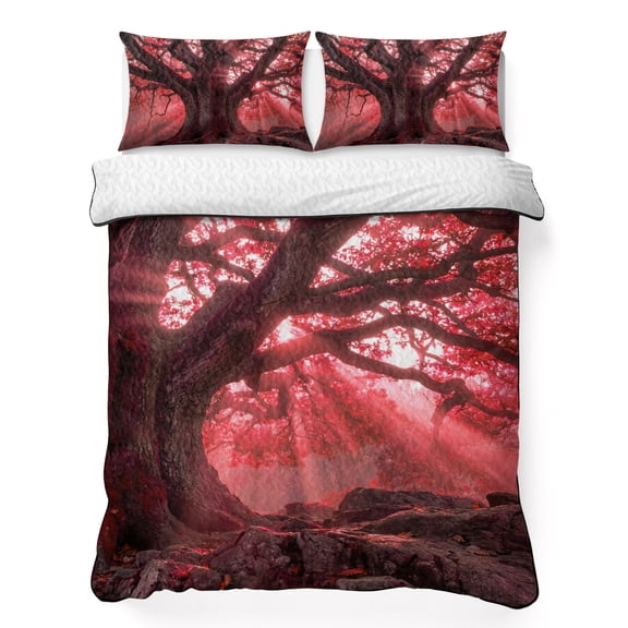 Quilts Twin Size Bedding Set, Red Trees Lightweight Quilted Comforter, Country Forest Branches Nature Light View Soft Reversible Bedspread Coverlet with Pillow Covers for All Season, 68" x 86"
