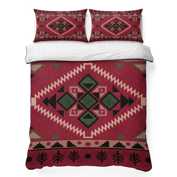 Quilts Twin Size Bedding Set, Red Western Lightweight Quilted Comforter, Southwestern Geometric Ethnic Art Soft Reversible Bedspread Coverlet with Pillow Covers for All Season, 68" x 86"