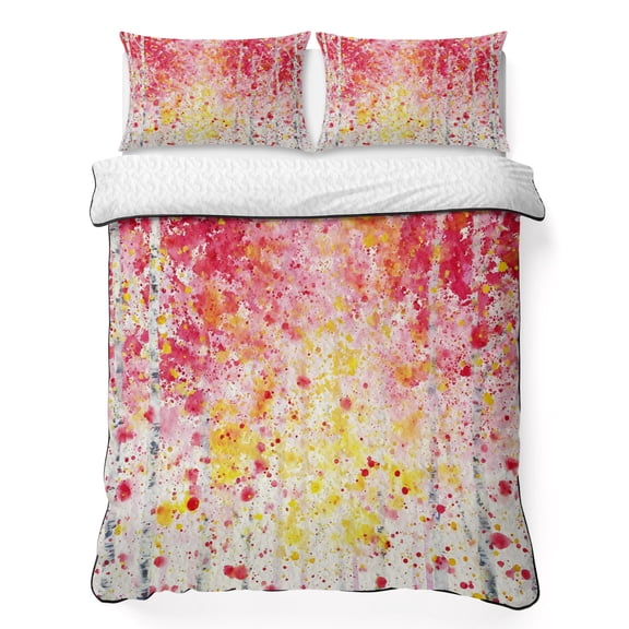 Quilts Twin Size Bedding Set, Red Yellow Forest Lightweight Quilted Comforter, Modern Abstract Tree Branch Soft Reversible Bedspread Coverlet with Pillow Covers for All Season, 68" x 86"