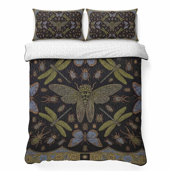 Quilts Twin Size Bedding Set, Retro Dragonfly Lightweight Quilted Comforter, Country Butterflies Insects Geometric Flowers Soft Bedspread Coverlet with Pillow Covers for All Season, 68" x 86"