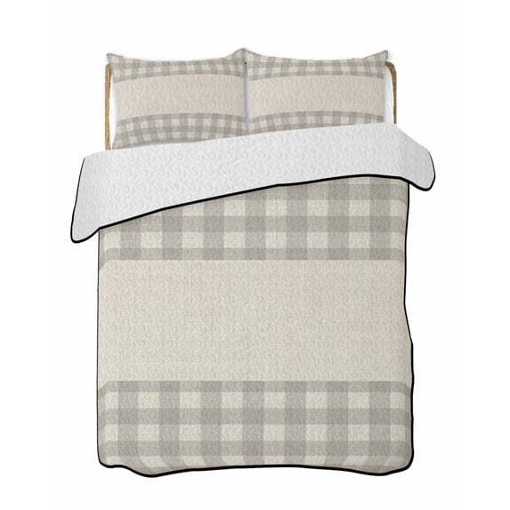 Quilts Twin Size Bedding Set, Retro Grey Lightweight Quilted Comforter, Farmhouse Buffalo Plaid Vintage Beige Soft Reversible Bedspread Coverlet with Pillow Covers for All Season, 68" x 86"