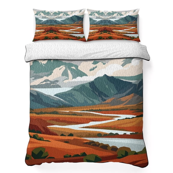 Quilts Twin Size Bedding Set, River Valley Lightweight Quilted Comforter, Autumn Mountains Western Orange Olive Park Soft Reversible Bedspread Coverlet with Pillow Covers for All Season, 68" x 86"