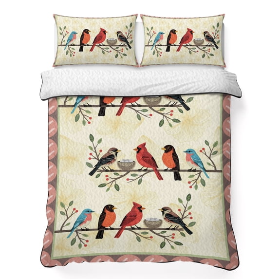 Quilts Twin Size Bedding Set, Rustic Cardinal Bird Lightweight Quilted Comforter, Country Leaves Branches Berries Pink Soft Reversible Bedspread Coverlet with Pillow Covers for All Season, 68" x 86"