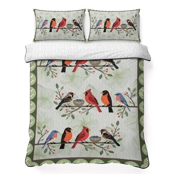 Quilts Twin Size Bedding Set, Rustic Cardinal Bird Lightweight Quilted Comforter, Green Leaves Branches Country Berries Soft Reversible Bedspread Coverlet with Pillow Covers for All Season, 68" x 86"