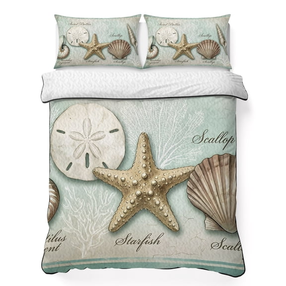 Quilts Twin Size Bedding Set, Rustic Coastal Lightweight Quilted Comforter, Sand Dollar Starfish Shells Vintage Beach Soft Reversible Bedspread Coverlet with Pillow Covers for All Season, 68" x 86"
