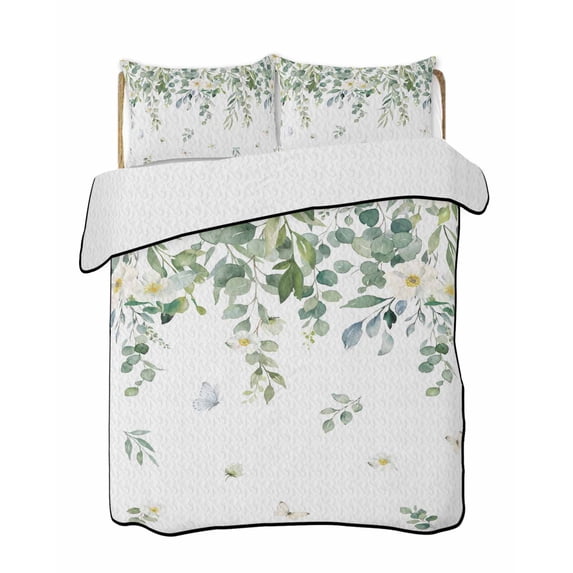 Quilts Twin Size Bedding Set, Sage Green Eucalyptus Leaves Lightweight Quilted Comforter, Spring Floral Weeping Botanical Soft Bedspread Coverlet with Pillow Covers for All Season, 68" x 86"