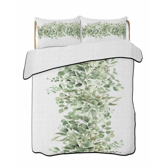 Quilts Twin Size Bedding Set, Sage Green Eucalyptus Leaves Lightweight Quilted Comforter, Spring Summer Botanical Floral Reversible Bedspread Coverlet with Pillow Covers for All Season, 68" x 86"