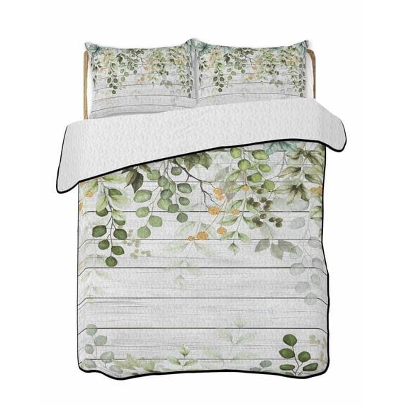 Quilts Twin Size Bedding Set, Sage Green Eucalyptus Leaves Lightweight Quilted Comforter, Summer Botanical Weeping Wooden Soft Bedspread Coverlet with Pillow Covers for All Season, 68" x 86"