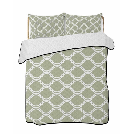 Quilts Twin Size Bedding Set, Sage Green Morocco Lightweight Quilted Comforter, Geometric Moroccan Abstract Art Soft Reversible Bedspread Coverlet with Pillow Covers for All Season, 68" x 86"
