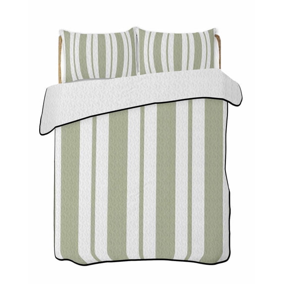 Quilts Twin Size Bedding Set, Sage Green Striped Lightweight Quilted Comforter, Green Geometric Line Stripes Farmhouse Soft Reversible Bedspread Coverlet with Pillow Covers for All Season, 68" x 86"