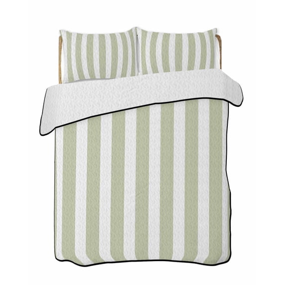 Quilts Twin Size Bedding Set, Sage Green Striped Lightweight Quilted Comforter, Modern Farmhouse Sage Green White Stripes Soft Bedspread Coverlet with Pillow Covers for All Season, 68" x 86"